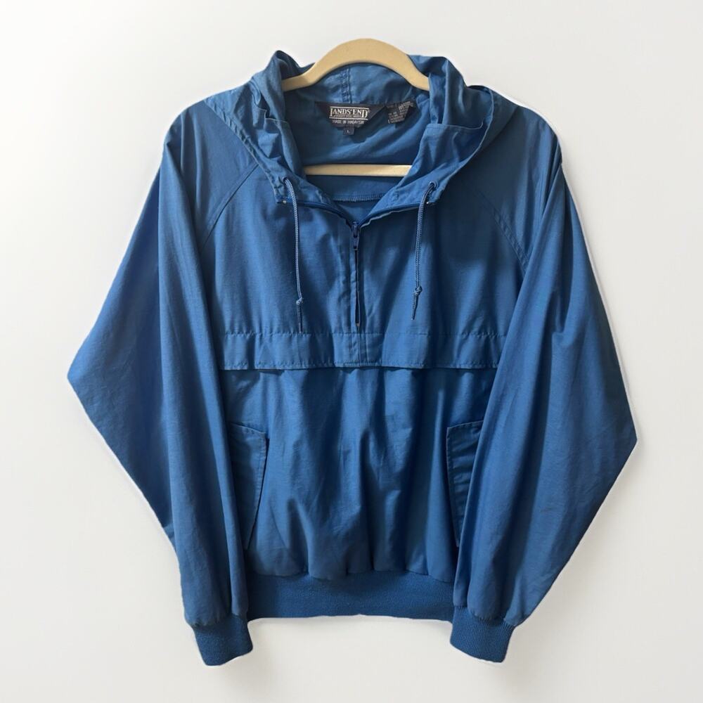 Vintage Lands End Blue Anorack Jacket Size Large Kangaroo Pockets Women’s W Hood